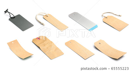 Set of blank cardboard tags for product. Studio Set of blank cardboard tags for product. Studio 65555223