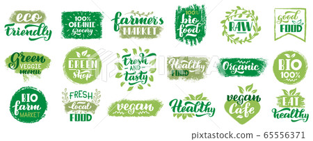 Vegan organic labels. Vegetarian food eco badges, vegan healthy diet lettering stamp, fresh market ecological food isolated vector symbols set 65556371