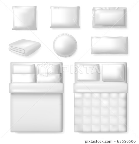 Realistic bedding template. White blank bed, blanket and pillows, comfort textile bedding template, bedroom isolated vector illustration set 65556500