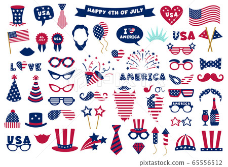 Photobooth USA patriotic props. Celebration photobooth mask, American glasses, mustache and hat, selfie photo props vector symbols set 65556512