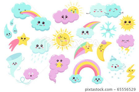 Hand drawn weather phenomena. Cute sun, clouds and rainbow, weather characters, baby star, snowflake and wind nursery isolated vector symbols set Hand drawn weather phenomena. Cute sun, clouds and rainbow, weather characters, baby star, snowflake and wind nursery isolated vector symbols set 65556529