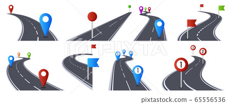 Roadmap with pins. Bending asphalt roads navigation infographic, marked route, way direction road isolated vector illustration set 65556536