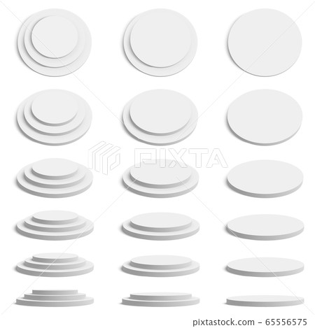 Cylinder 3d platform. Realistic round stand stage, empty geometric podium, cylinder presentation platform mockup vector illustration set Cylinder 3d platform. Realistic round stand stage, empty geometric podium, cylinder presentation platform mockup vector illustration set 65556575