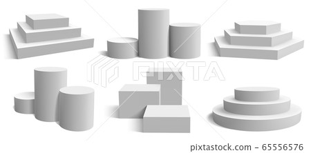 Stage podium platforms. Realistic white square and round pedestal, geometric empty stand stage vector illustration set Stage podium platforms. Realistic white square and round pedestal, geometric empty stand stage vector illustration set 65556576