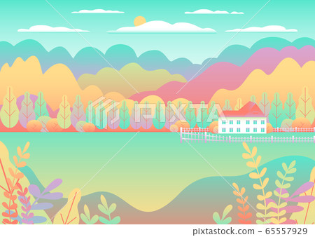 Hills and mountains landscape. House farm in flat - Stock Illustration ...