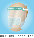 White man with a plastic face shield and surgical mask protection from Coronavirus (CoVID-19). Personal Protective Equipment set concept. 65559137