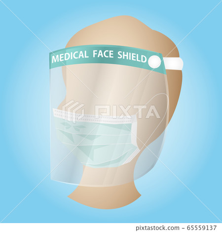 White man with a plastic face shield and surgical mask protection from Coronavirus (CoVID-19). Personal Protective Equipment set concept. White man with a plastic face shield and surgical mask protection from Coronavirus (CoVID-19). Personal Protective Equipment set concept. 65559137