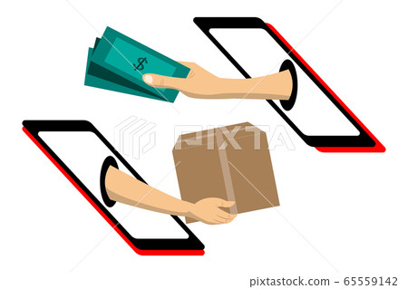 Man hand holds american dollar money and pay for the package order shopping online. Payment by cash for express delivery. 65559142
