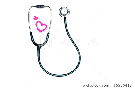 Green stethoscope and pink tablets pills. 65560415