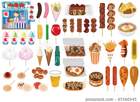 街頭食品插圖（禦好燒，炒麵，章魚燒，烤雞肉串，刨冰，杏糖，巧克力香蕉） 65560545
