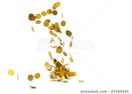 Falling gold coins money isolated on the white 65560945