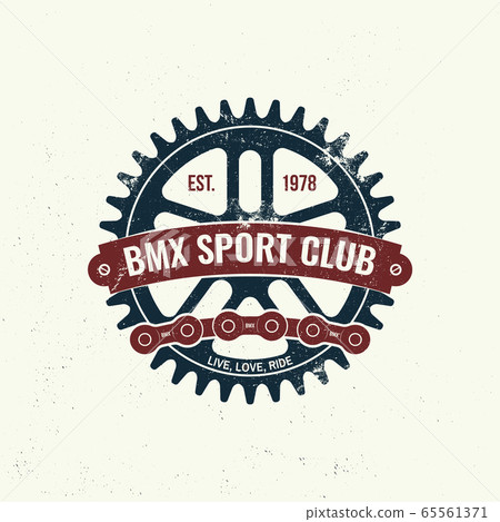 Bmx extreme sport club badge. Vector. Concept for shirt, logo, print, stamp, tee with sprocket, chain. Vintage typography design with bmx sprocket and chain silhouette. 65561371