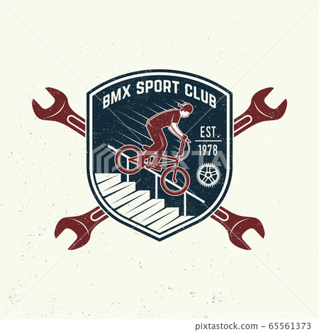 Bmx extreme sport club badge. Vector. Concept for shirt, logo, print, stamp, tee with man ride on a sport bicycle. Vintage typography design with bmx cyclist and wrench silhouette. 65561373