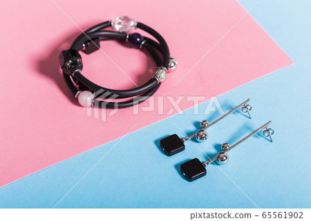 Perfect accessories. Trendy jewelry set. Fashion jewelry and bijouterie. Top view. 65561902