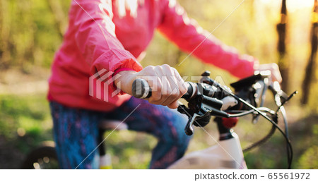 Unrecognizable active senior woman cycling outdoors in nature. 65561972