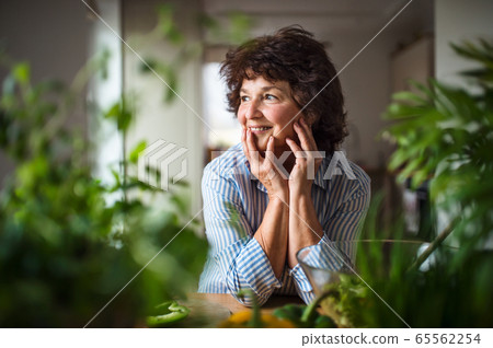 Senior woman preparing food in kitchen at home, relaxing. 65562254