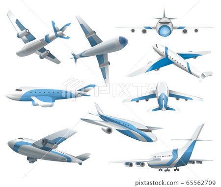 Airplanes on white background. Airliner in top, side, front view and isometric. Vector realistic aircraft. Passenger plane, sky flying aeroplane and airplane in different views 65562709