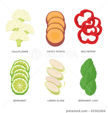 Set of Vegetable Slices. Organic and healthy food isolated element Vector illustration. 65562804