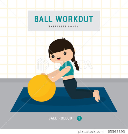 Ball Workout. Woman doing Stability ball exercise and yoga training at gym home, stay at home concept. Character Cartoon Vector illustration 65562893
