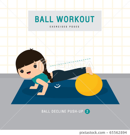Ball Workout. Woman doing Stability ball exercise and yoga training at gym home, stay at home concept. Character Cartoon Vector illustration 65562894