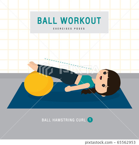 Ball Workout. Woman doing Stability ball exercise and yoga training at gym home, stay at home concept. Character Cartoon Vector illustration Ball Workout. Woman doing Stability ball exercise and yoga training at gym home, stay at home concept. Character Cartoon Vector illustration 65562953