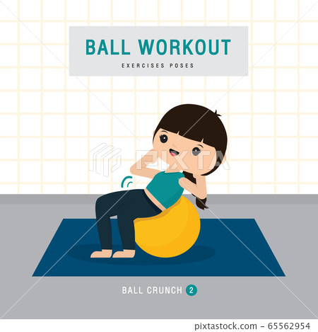Ball Workout. Woman doing Stability ball exercise and yoga training at gym home, stay at home concept. Character Cartoon Vector illustration Ball Workout. Woman doing Stability ball exercise and yoga training at gym home, stay at home concept. Character Cartoon Vector illustration 65562954