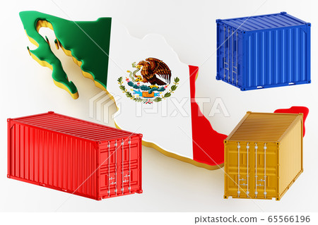 Map of Mexico land border with flag. Freight shipping in containers. 3d rendering 65566196