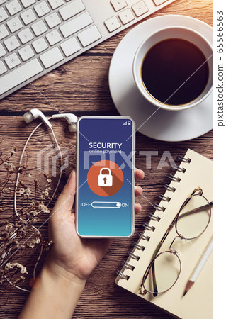 people make online payment, turn security mode on, making payment transaction on application via smartphone during shopping online. online banking, cashless concept. 65566563