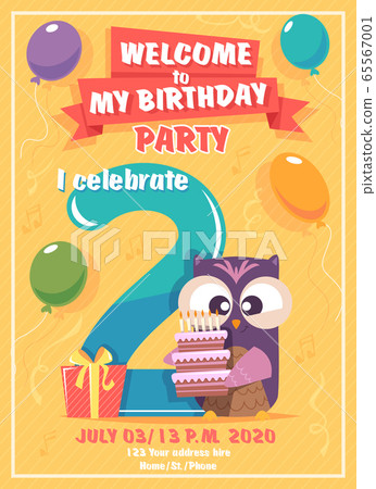 Birthday invitation. Kids poster with owls funny characters vector placard template 65567001