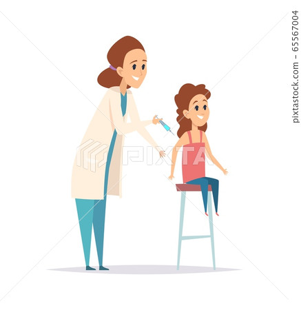 Vaccination. Flu virus protection, nurse syringe. Cartoon little girl and pediatrist. Children disease prevention vector illustration 65567004