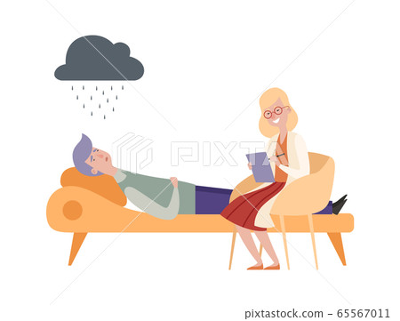 Psychotherapy session. Female doctor, depressed man on couch. Flat cartoon guy with mental disorder vector illustration 65567011