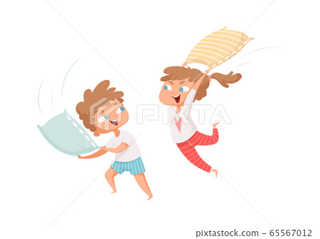 Pillows battle. Happy children have fun. Free time, kids playing together. Girl and boy in pajamas vector characters Pillows battle. Happy children have fun. Free time, kids playing together. Girl and boy in pajamas vector characters 65567012