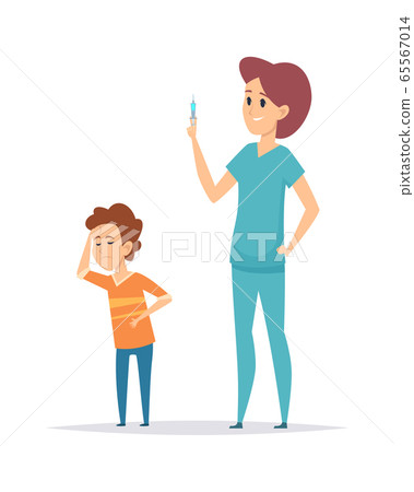 Pediatrist and ill boy. Little child headache, nurse with syringe. Flu virus prevention, vaccination time. Children health protection vector illustration 65567014