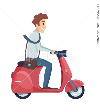 Man rides motorbike. Happy businessman drives to work. Flat isolated male manager on scooter vector character 65567017