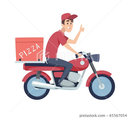 Delivery boy on motorcycle. Man ride on scooter. Isolated flat man delivers pizza vector illustration 65567054