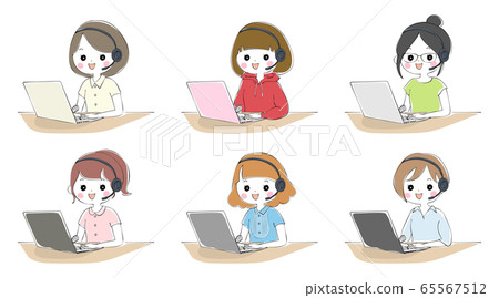 Woman talking with a headset in front of a laptop Woman talking with a headset in front of a laptop 65567512