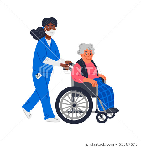 Senior patient. An elderly woman in a wheelchair and african american nurse in a face mask on a white background. Senior people protection, stay safe concept. Simple flat vector illustration. Senior patient. An elderly woman in a wheelchair and african american nurse in a face mask on a white background. Senior people protection, stay safe concept. Simple flat vector illustration. 65567673