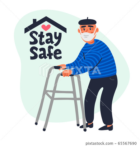 Senior patient protection, stay safe concept. Social poster with An elderly man in a face mask. Simple flat vector vertical illustration. Senior patient protection, stay safe concept. Social poster with An elderly man in a face mask. Simple flat vector vertical illustration. 65567690