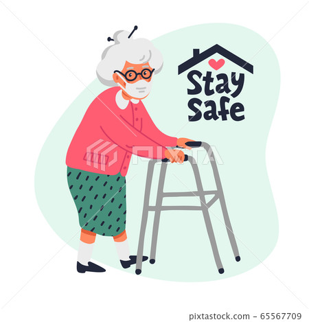 Senior patient protection, stay safe concept. Social poster with An elderly woman in a face mask. Simple flat vector vertical illustration. 65567709