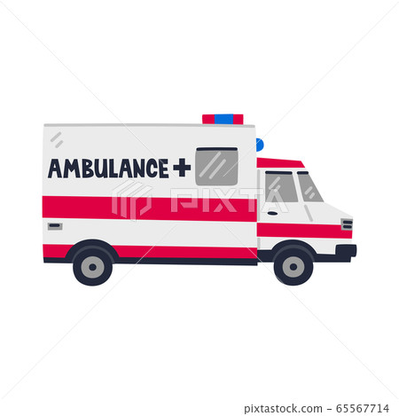 Ambulance car. Emergency Help service. Side view of Red emergency car on white background. Simple flat style vector illustration. Ambulance car. Emergency Help service. Side view of Red emergency car on white background. Simple flat style vector illustration. 65567714