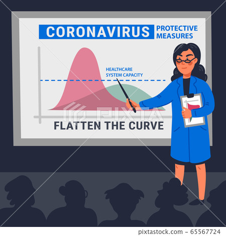 Flatten the curve concept. Female scientist with a pointer in front of a blackboard with a graphic of covid-19 spread. Coronavirus control strategy, quarantine measures. Simple flat style vector 65567724