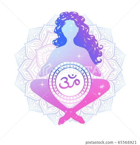 Relaxed meditating yogi woman on sacred lotus 65568921