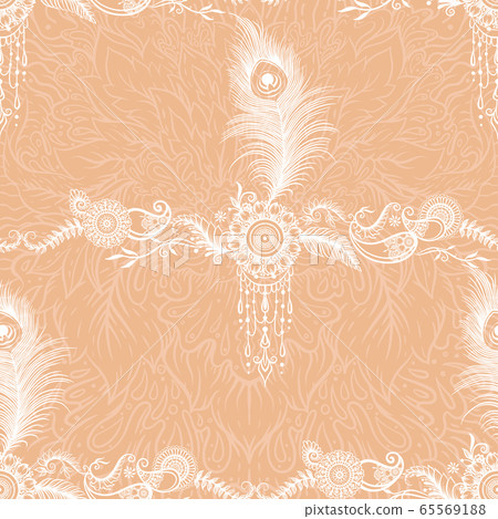 Peacock feathers mehendi, traditional indian henna floral ornament. 65569188