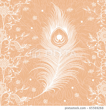 Peacock feathers mehendi, traditional indian henna floral ornament. 65569268