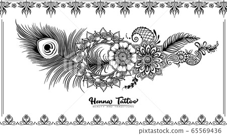 Traditional indian henna tattoo with peacock feather. Traditional indian henna tattoo with peacock feather. 65569436