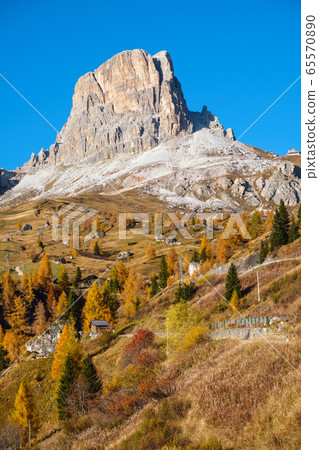 Mountain sunny evening peaceful view from Giau 65570890