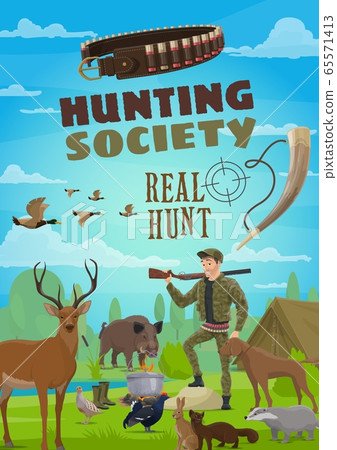 Hunter with rifle and animals Hunter with rifle and animals 65571413