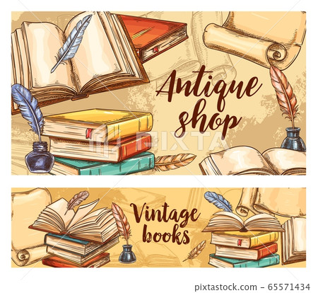Antique books vector banners, vintage bookshop Antique books vector banners, vintage bookshop 65571434