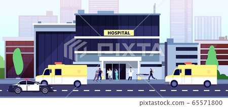 Doctors at work. Hospital building, paramedics and emergency cars. Nurses help ill people. Ambulance and police auto, medical vector illustration 65571800