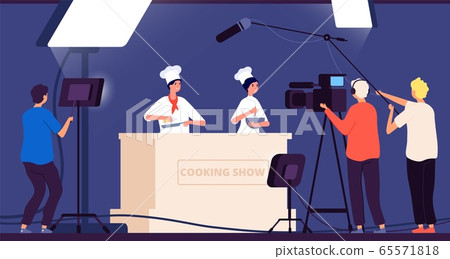 Cooking show. Chef live tv entertainment. People in uniform cook on kitchen. Flat shooting with spotlights in restaurant vector illustration Cooking show. Chef live tv entertainment. People in uniform cook on kitchen. Flat shooting with spotlights in restaurant vector illustration 65571818